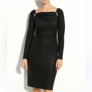 DAVID MEISTER 14 Aqua Seafoam Shimmery Blue Sheath Long Sleeve Cocktail Dress